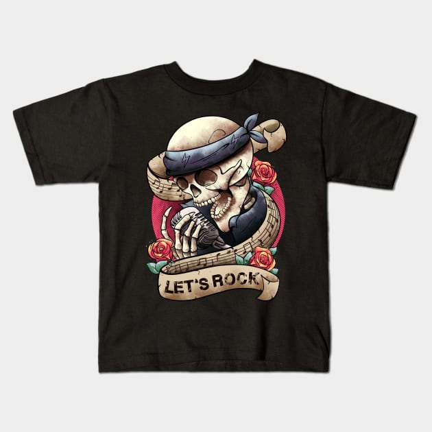 Lets Rock Rock&Roll Skeleton Hand Vintage Retro Rock Concert Kids T-Shirt by MerchBeastStudio